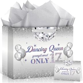 17th Birthday Dancing Queen Party Decorations Silver 17th Birthday Gift Bag with Wrapping Paper and Card Large 17 Year Old Wrapping Paper Goodie Gift Bag Young Sweet Seventeen Years Old Party Supplies