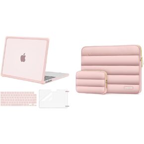 MOSISO Compatible with MacBook Air 13.6 inch Case 2022-2024 A2681 M2, Heavy Duty Plastic Hard Shell with TPU Bumper&Puffy Horizontal Laptop Sleeve Bag with Small Case&Keyboard Cover&Screen Film, Pink