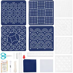 ORIGACH 4 Set Sashiko Coaster Kit Easy Sashiko Coaster Making Kit for Beginners Adults with Traditional Japanese Patterns Instruction Fabric Thread and Needles Hand Sewing Kit for Craft