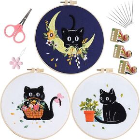 EOBTAIN Black Cat Embroidery Kit with 3 Pattern,Easy Cross Stitch Starter Kit for Adults,DIY Craft Kits with Embroidery Hoop Needles and Thread,Detailed and Easy to Follow Step-by-Step Instructions in Kuwait