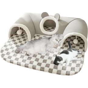 Cat Tunnel Bed Indoor,Cat Peekaboo Cave Bed for Multiple Pets,Kitty Tube with Balls Toys, Removable Bed House Washable,Small Animal Tunnel for Kitty,Bunny (Grey,Small)