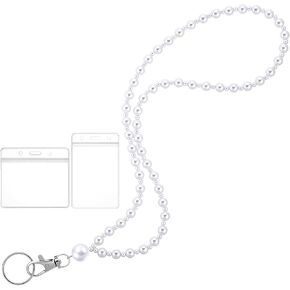 Pearl Badge Lanyard with 2 PCS Id Holders, White Lanyard for Id Badges Name Tag and Keys for Women, Artificial Pearl Keychain with Badge Holders for Nurse Teacher Women