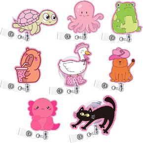 Geyoga 8 Pcs Cute Nurse Badge Reel Retractable Glitter Silly Goose Cowboy Cat Turtle Frog Octopus Capybara Hexagon Funny Nurse Accessories Name Tag ID Clip Holder for Office School Hospital Gift