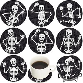 Purpeak 8 Pcs Diamond Coasters Skull Diamond Painting Coasters Farmhouse Diamond Painting Coasters with Holder DIY Diamond Art Coasters Kits DIY Diamond Crafts for Gift