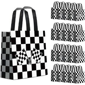 KERINGO 24 PCS Checkered Racing Gift Bags Race Car Party Favors Bag Black and White Non Woven Candy Bags for Race Car Themed Birthday Party Supplies
