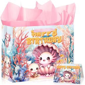 TAKEALOOKO Axolotl Birthday Gifts Bags - Axolotls Party Favors Decorations, Amphibian Themed Happy Birthday Gift Bag with Handles Greeting Card Tissue Paper for Kids Baby Shower Parties Supplies