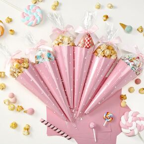 Yexiya 156 Pcs Pink Bow Cone Cellophane Bag Set DIY Sweet Cones Shaped Treat Bags Pink Card Paper, Bow and Pearl Patches for Party Favors Sweet Snack Popcorn Packing Gift