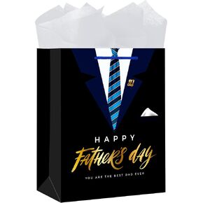 BIZIBAFF First Fathers Day Gift Bag - 13" Large Father's Day Gift Bag with Tissue Paper Happy 1st Father's Day Paper Bag for First Time Dad New Dad Daddy