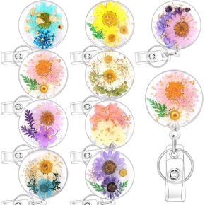 9 PCS Flower Badge Reels Set Unique Floral Round Pressed Dried Flower Resin Retractable ID Name Badge Holder Clip with Key Ring for Nurse Teacher Doctor Worker