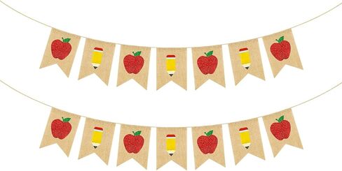 yquqwn burlap Apple Pencil Glitter Banner ، العودة إلى ديكورات مدرسية اليوم الأول من Garland School Classroom ، مرحبًا بك في مكتب المعلمين. in Saudi Arabia