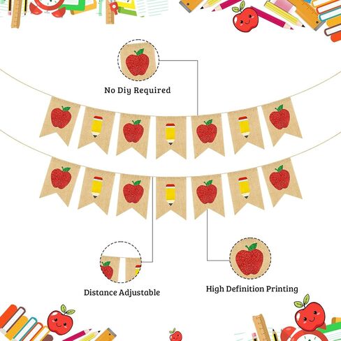 yquqwn burlap Apple Pencil Glitter Banner ، العودة إلى ديكورات مدرسية اليوم الأول من Garland School Classroom ، مرحبًا بك في مكتب المعلمين. in Saudi Arabia