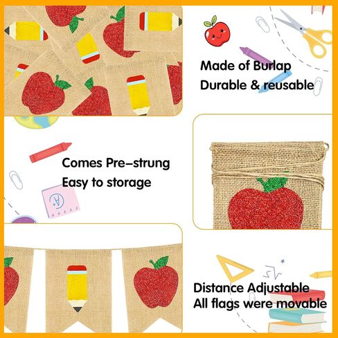 yquqwn burlap Apple Pencil Glitter Banner ، العودة إلى ديكورات مدرسية اليوم الأول من Garland School Classroom ، مرحبًا بك في مكتب المعلمين. in Saudi Arabia