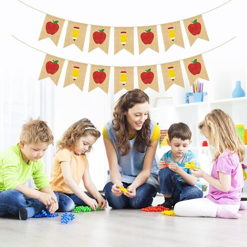 yquqwn burlap Apple Pencil Glitter Banner ، العودة إلى ديكورات مدرسية اليوم الأول من Garland School Classroom ، مرحبًا بك في مكتب المعلمين. in Saudi Arabia