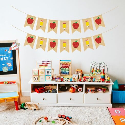 yquqwn burlap Apple Pencil Glitter Banner ، العودة إلى ديكورات مدرسية اليوم الأول من Garland School Classroom ، مرحبًا بك في مكتب المعلمين. in Saudi Arabia