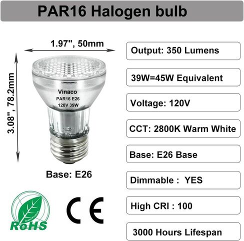 Vinaco PAR16 لمبة هالوجين 60 وات، 6 عبوات عالية الإخراج 480LM PAR16 لمبة، PAR16 Flood 60W أبيض دافئ 2800K، PAR16 عكس الضوء مع قاعدة E26، هالوجين 60W PAR16 رقبة طويلة لإضاءة السقف in Kuwait