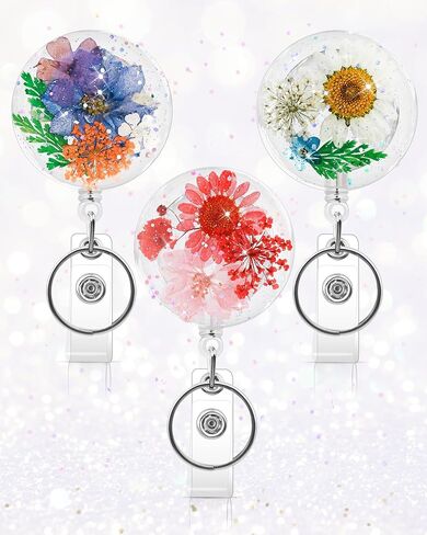 3 Pcs Cute Flower Badge Reels Retractable for Nurse, Dried Floral Resin Badge Holder with Key Ring, Decorative Nursing Badge Clip for Women Doctor Teacher ID Card(Classic) in Kuwait