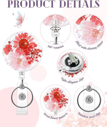 3 Pcs Cute Flower Badge Reels Retractable for Nurse, Dried Floral Resin Badge Holder with Key Ring, Decorative Nursing Badge Clip for Women Doctor Teacher ID Card(Classic) in Kuwait
