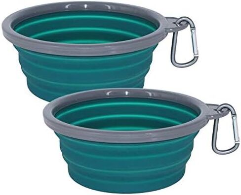 Collapsible Portable Silicone Big Dog Bowls,2 Pack,34 oz/Each Bowl,Silicone Basic Bowl with Plastic Rim and D-Ring,Foldable Travel pet Feeder,Portable Basic Bowl for Dog (Green) in Saudi Arabia