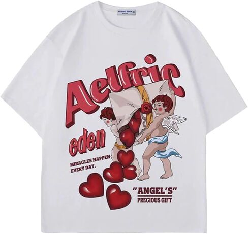 Aelfric Eden Graphic Tees Unisex Oversized T Shirts Heart Print Angel Cartoon Summer Tops in Saudi Arabia