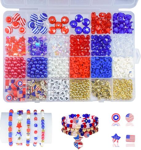 1608pcs 4 يوليو من الخرز الوطني للمجوهرات التي تجعل يوم الاستقلال الأحمر الأبيض Heishi Stars USA Beads with America Flag Heart Hat Exclues for DIY (White Blue Red) in Kuwait