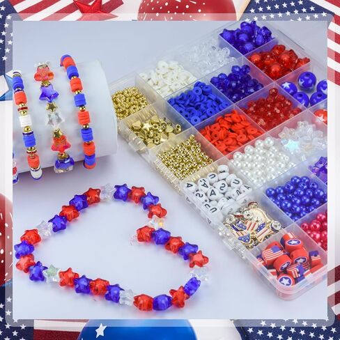 1608pcs 4 يوليو من الخرز الوطني للمجوهرات التي تجعل يوم الاستقلال الأحمر الأبيض Heishi Stars USA Beads with America Flag Heart Hat Exclues for DIY (White Blue Red) in Kuwait
