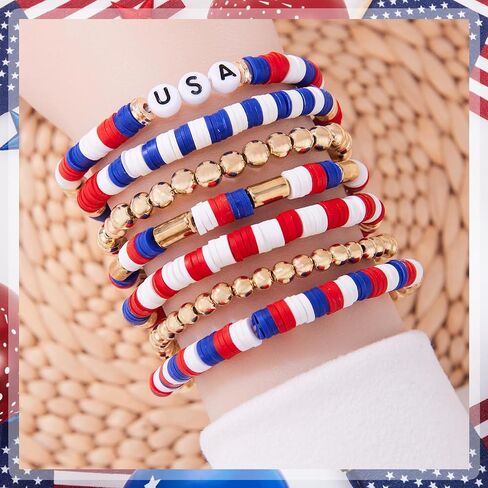 1608pcs 4 يوليو من الخرز الوطني للمجوهرات التي تجعل يوم الاستقلال الأحمر الأبيض Heishi Stars USA Beads with America Flag Heart Hat Exclues for DIY (White Blue Red) in Kuwait