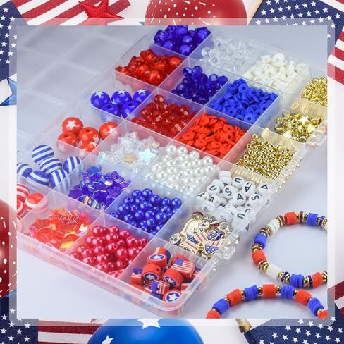1608pcs 4 يوليو من الخرز الوطني للمجوهرات التي تجعل يوم الاستقلال الأحمر الأبيض Heishi Stars USA Beads with America Flag Heart Hat Exclues for DIY (White Blue Red) in Kuwait
