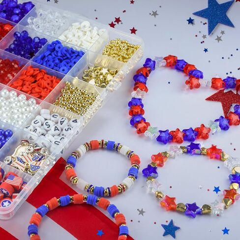1608pcs 4 يوليو من الخرز الوطني للمجوهرات التي تجعل يوم الاستقلال الأحمر الأبيض Heishi Stars USA Beads with America Flag Heart Hat Exclues for DIY (White Blue Red) in Kuwait