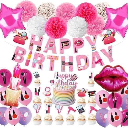Makeup Birthday Party Supplies, 66pcs Spa Party Decorations Set-Makeup Theme Party Decoration Happy Birthday Banner Happy Brirthday Makeup Birthday Cake Topper Kit, Party Decorations for Girls Women in Saudi Arabia