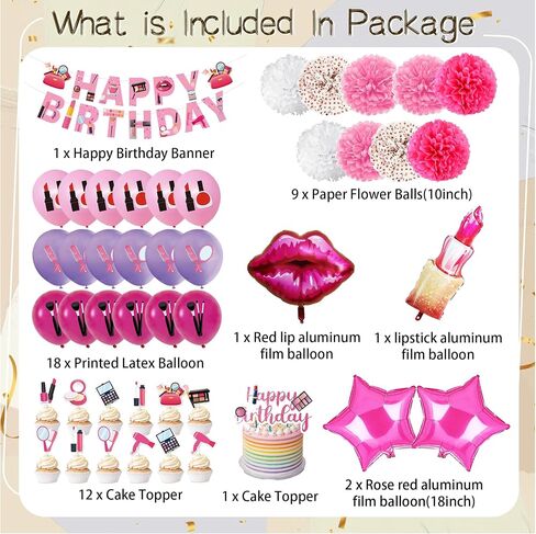 Makeup Birthday Party Supplies, 66pcs Spa Party Decorations Set-Makeup Theme Party Decoration Happy Birthday Banner Happy Brirthday Makeup Birthday Cake Topper Kit, Party Decorations for Girls Women in Saudi Arabia