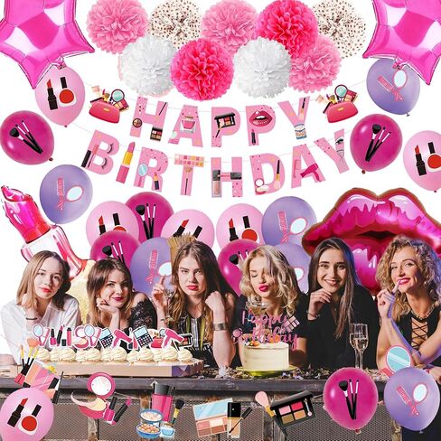 Makeup Birthday Party Supplies, 66pcs Spa Party Decorations Set-Makeup Theme Party Decoration Happy Birthday Banner Happy Brirthday Makeup Birthday Cake Topper Kit, Party Decorations for Girls Women in Saudi Arabia