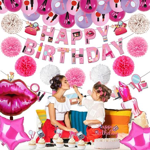 Makeup Birthday Party Supplies, 66pcs Spa Party Decorations Set-Makeup Theme Party Decoration Happy Birthday Banner Happy Brirthday Makeup Birthday Cake Topper Kit, Party Decorations for Girls Women in Saudi Arabia