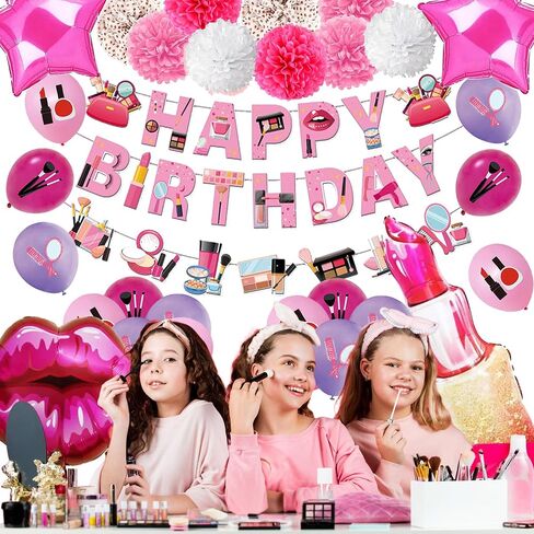Makeup Birthday Party Supplies, 66pcs Spa Party Decorations Set-Makeup Theme Party Decoration Happy Birthday Banner Happy Brirthday Makeup Birthday Cake Topper Kit, Party Decorations for Girls Women in Saudi Arabia