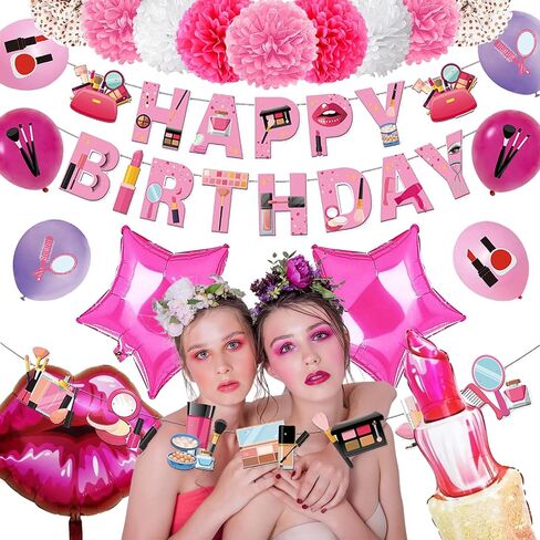 Makeup Birthday Party Supplies, 66pcs Spa Party Decorations Set-Makeup Theme Party Decoration Happy Birthday Banner Happy Brirthday Makeup Birthday Cake Topper Kit, Party Decorations for Girls Women in Saudi Arabia