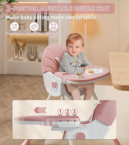 كرسي مرتفع للأطفال، كراسي عالية 5 في 1 للرضع والأطفال الصغار، كرسي مرتفع قابل للطي للسفر مع مسند للقدمين، وسادة من البولي يوريثين قابلة للفصل، صينية مزدوجة قابلة للإزالة، ارتفاع قابل للتعديل واستلقاء، عجلات قفل in Kuwait