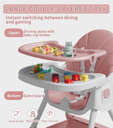 كرسي مرتفع للأطفال، كراسي عالية 5 في 1 للرضع والأطفال الصغار، كرسي مرتفع قابل للطي للسفر مع مسند للقدمين، وسادة من البولي يوريثين قابلة للفصل، صينية مزدوجة قابلة للإزالة، ارتفاع قابل للتعديل واستلقاء، عجلات قفل in Kuwait