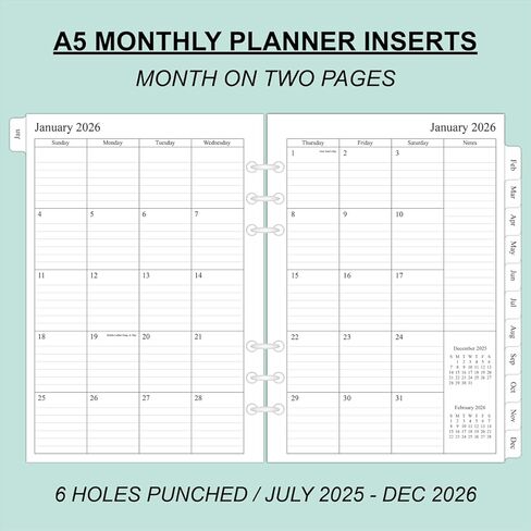 newestor 2024-2025 إعادة تعبئة المخطط الشهري لملف A5، صفحتين في الشهر، 18 شهرًا من يوليو 2024 - ديسمبر 2025، 5.6 بوصة × 8.25 بوصة، 6 فتحات مثقوبة in Kuwait