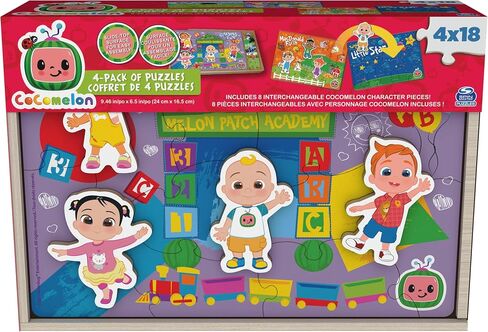 Spin Master Games, CoComelon Puzzles 4-Pack, Wooden Jigsaw Puzzles for Preschoolers, 18 Pieces Each, Interchangeable Character Pieces, for Ages 3 & Up in Saudi Arabia
