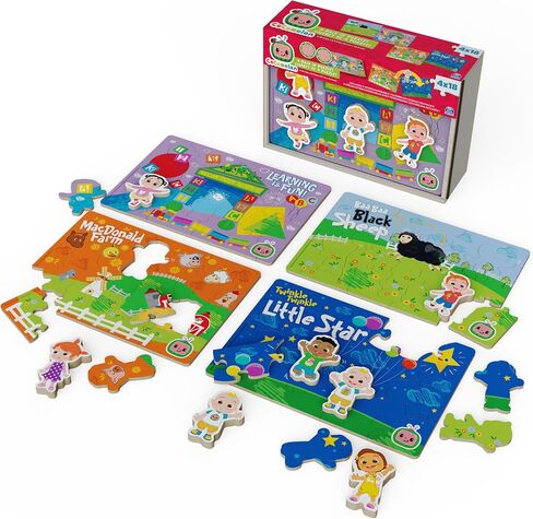 Spin Master Games, CoComelon Puzzles 4-Pack, Wooden Jigsaw Puzzles for Preschoolers, 18 Pieces Each, Interchangeable Character Pieces, for Ages 3 & Up in Saudi Arabia