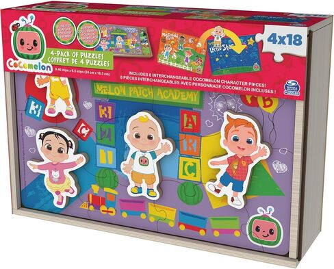 Spin Master Games, CoComelon Puzzles 4-Pack, Wooden Jigsaw Puzzles for Preschoolers, 18 Pieces Each, Interchangeable Character Pieces, for Ages 3 & Up in Saudi Arabia