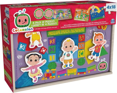 Spin Master Games, CoComelon Puzzles 4-Pack, Wooden Jigsaw Puzzles for Preschoolers, 18 Pieces Each, Interchangeable Character Pieces, for Ages 3 & Up in Saudi Arabia