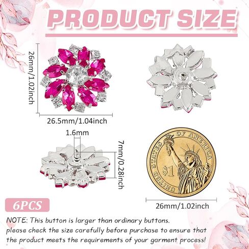 Fingerinspire 6pcs Fuchsia Silver Flower Alloy Bhinestone Shank Buttons 1 بوصة باقة أزرار حجر الراين مع ظهر مسطح ثقب واحد على الزخارف الكريستالية زر الثلج المعدني مع مخلب الأزياء in Kuwait