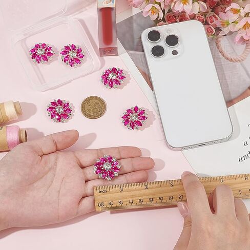 Fingerinspire 6pcs Fuchsia Silver Flower Alloy Bhinestone Shank Buttons 1 بوصة باقة أزرار حجر الراين مع ظهر مسطح ثقب واحد على الزخارف الكريستالية زر الثلج المعدني مع مخلب الأزياء in Kuwait