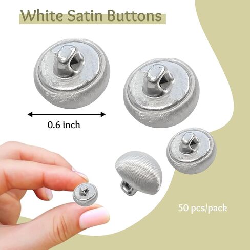 50 PCS أزرار سهرة بيضاء 0.6 بوصة (15 مم) أزرار ساتان بيضاء لخياطة النسيج المغطى بقطعة قماش معدنية ناعمة جولة مثالية لتنورات الزفاف الفكرية in Kuwait