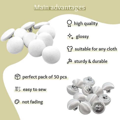 50 PCS أزرار سهرة بيضاء 0.6 بوصة (15 مم) أزرار ساتان بيضاء لخياطة النسيج المغطى بقطعة قماش معدنية ناعمة جولة مثالية لتنورات الزفاف الفكرية in Kuwait
