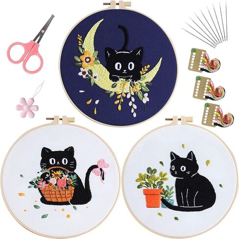 EOBTAIN Black Cat Embroidery Kit with 3 Pattern,Easy Cross Stitch Starter Kit for Adults,DIY Craft Kits with Embroidery Hoop Needles and Thread,Detailed and Easy to Follow Step-by-Step Instructions in Kuwait