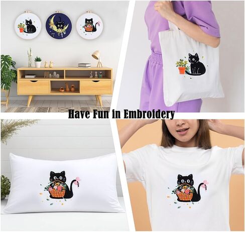 EOBTAIN Black Cat Embroidery Kit with 3 Pattern,Easy Cross Stitch Starter Kit for Adults,DIY Craft Kits with Embroidery Hoop Needles and Thread,Detailed and Easy to Follow Step-by-Step Instructions in Kuwait