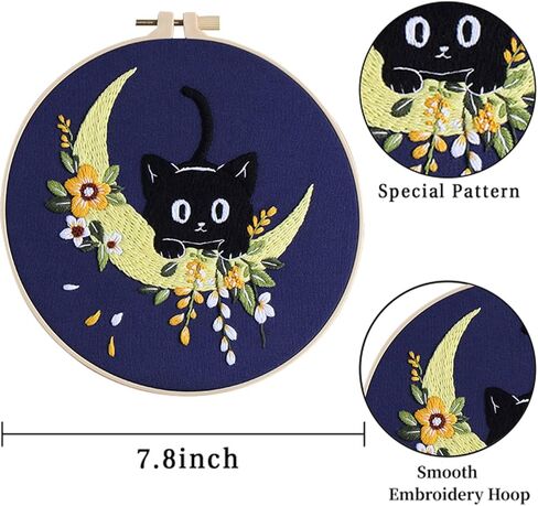 EOBTAIN Black Cat Embroidery Kit with 3 Pattern,Easy Cross Stitch Starter Kit for Adults,DIY Craft Kits with Embroidery Hoop Needles and Thread,Detailed and Easy to Follow Step-by-Step Instructions in Kuwait
