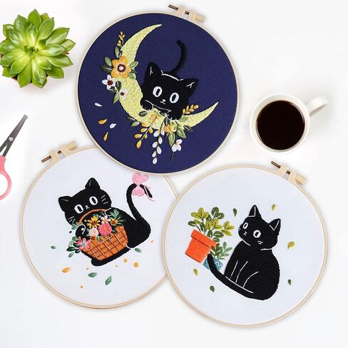EOBTAIN Black Cat Embroidery Kit with 3 Pattern,Easy Cross Stitch Starter Kit for Adults,DIY Craft Kits with Embroidery Hoop Needles and Thread,Detailed and Easy to Follow Step-by-Step Instructions in Kuwait