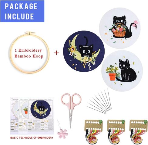 EOBTAIN Black Cat Embroidery Kit with 3 Pattern,Easy Cross Stitch Starter Kit for Adults,DIY Craft Kits with Embroidery Hoop Needles and Thread,Detailed and Easy to Follow Step-by-Step Instructions in Kuwait